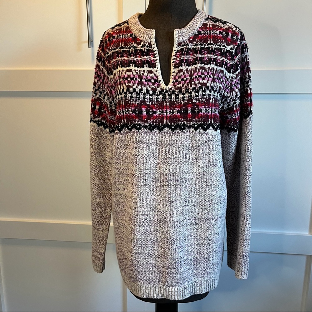 J.Jill Fair Isle Knit Sweater Size Medium Beige Red Cozy Pullover